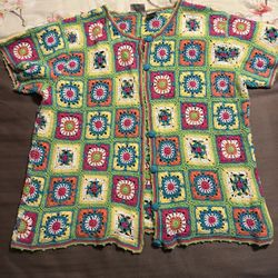 Patchwork Crochet Cardigan Top, Bold Color Granny Squares Open knit Size Medium
