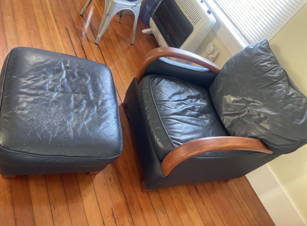 Leather Blue Arm Chair And Ottoman