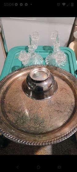 Vintage silver plate, bowl and crystal candle holders