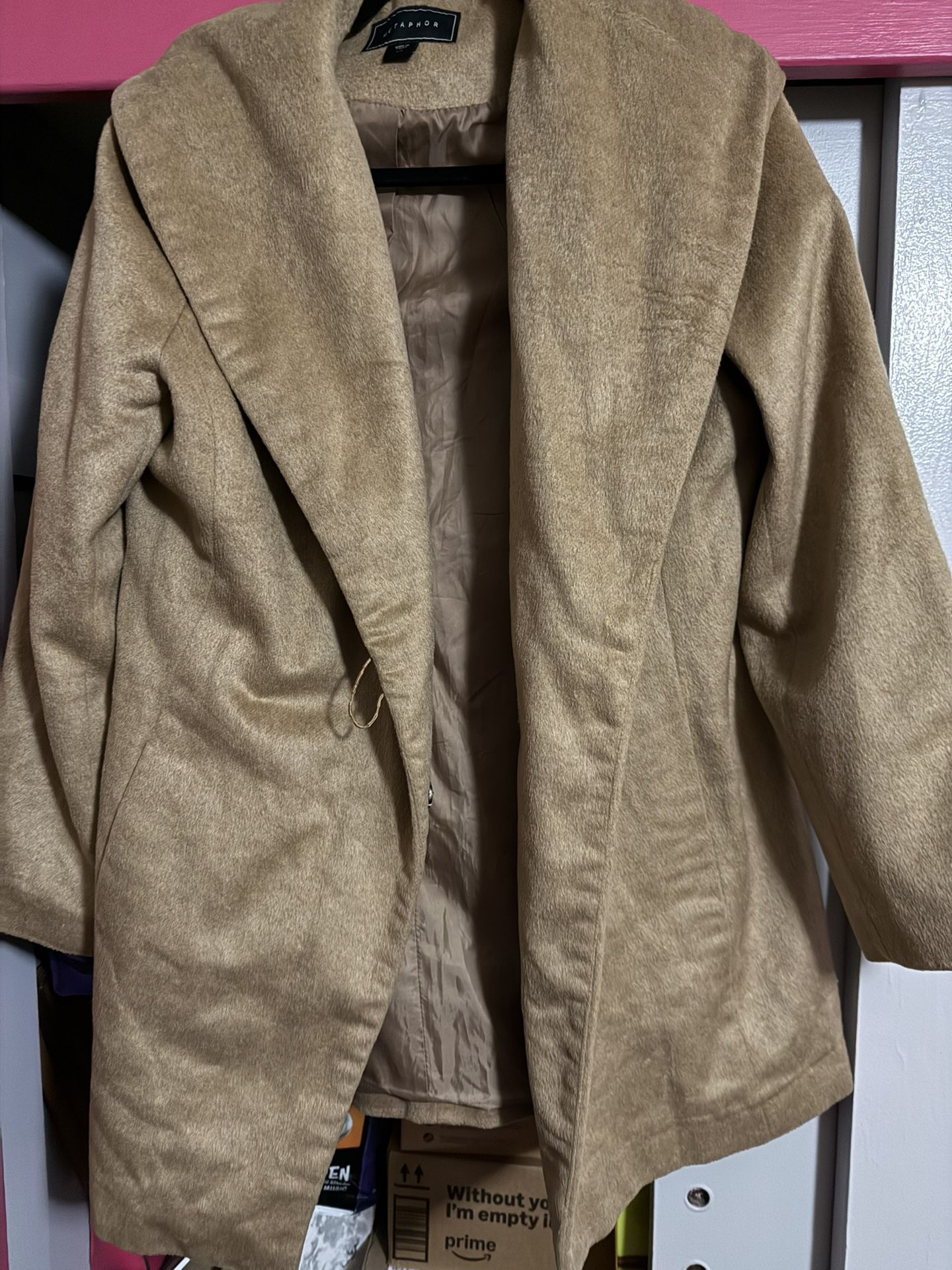 Women’s Long Pea Coat With  Shawl Collar. Beige  Color.