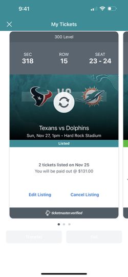 Dolphins Texans Sec 318 Row 15 Seats 23-24