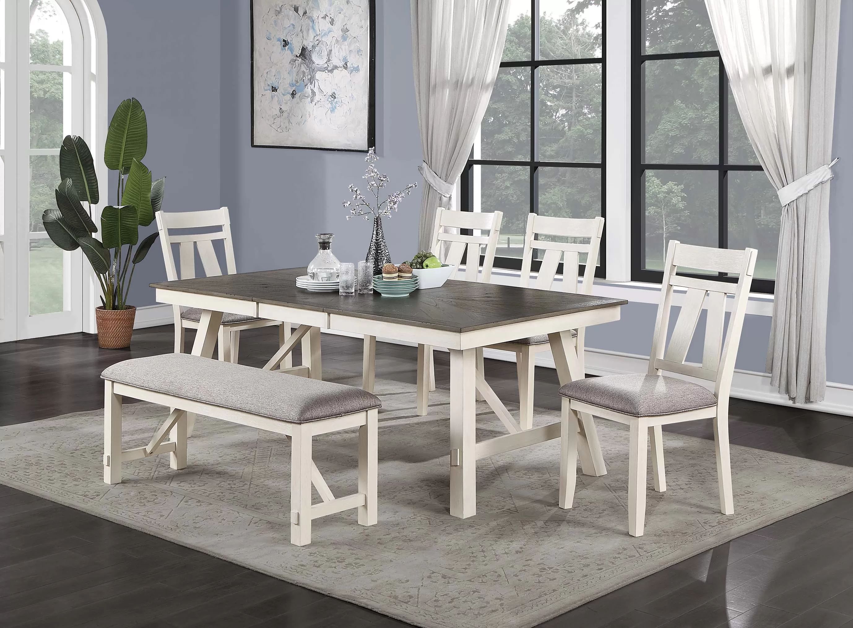 Dining set 6 pc Antique White finish, Grey tabletop, New Especial price
