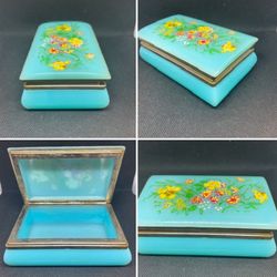 VTG Jewelry Box / Vanity Trinket Blue Hinged Brass Floral Painted Trinket Box