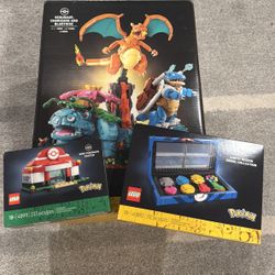 LEGO Pokemon Venusaur, Charizard and Blastoise, GWP Kanto Badges, and Mini Pokemon Center