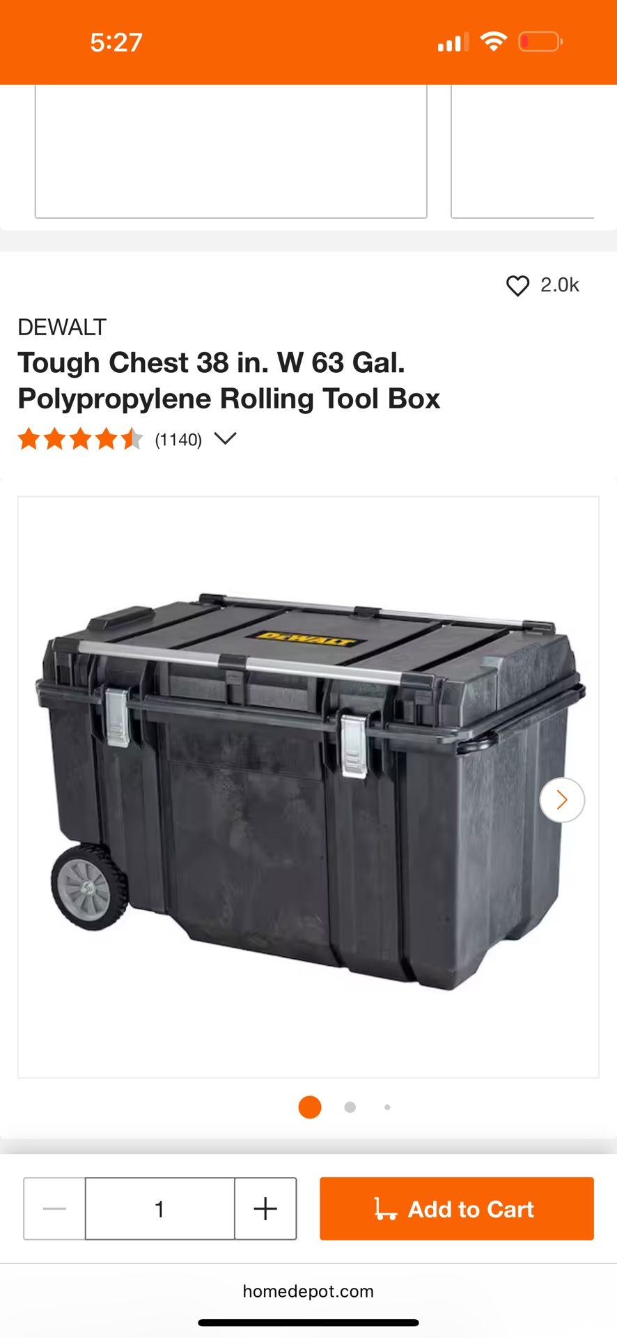 DEWALT Tough Chest 38 in. W 63 Gal. Polypropylene Rolling Tool Box