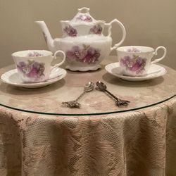 Crown Victorian England tea pot Staffordshire Dusty Floral 7" T x 10" W & SET of 2 cups and saucers PLUS 2 dainty spoons 