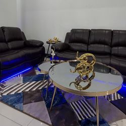 Reclining Leather Sofa and Loveseat with LED Lights 