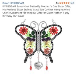 $10- Suncatcher Butterfly, Mother's Day Sister Gifts, My Precious Sister Stained Glass Sun Catcher Hanging Wind Chime Ornament for Window Gifts for Si