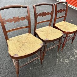 Vintage French Ladderback Dining Chairs Solid Wood Woven Rush Seats Set Of 4 