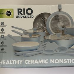 GreenPan Rio Advanced 16pc Ceramic Nonstick Cookware Set Stardew Blue