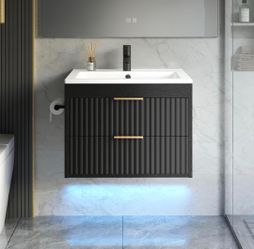 24 Inch Floating Bathroom Vanity with Sink & Towel Holder, Fluted Wall Mounted Vanity Cabinet for Small Bathroom, Modern Combo with LED Light, Metal H