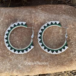 Green Navajo Basket Style 1 1/4” Beaded Hoops, New, Handmade By Me