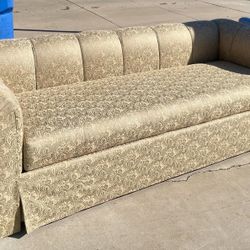 Gorgeous Pair of 90” Gold Damask Tuxedo Style Skirted Sofas w/ Pillows