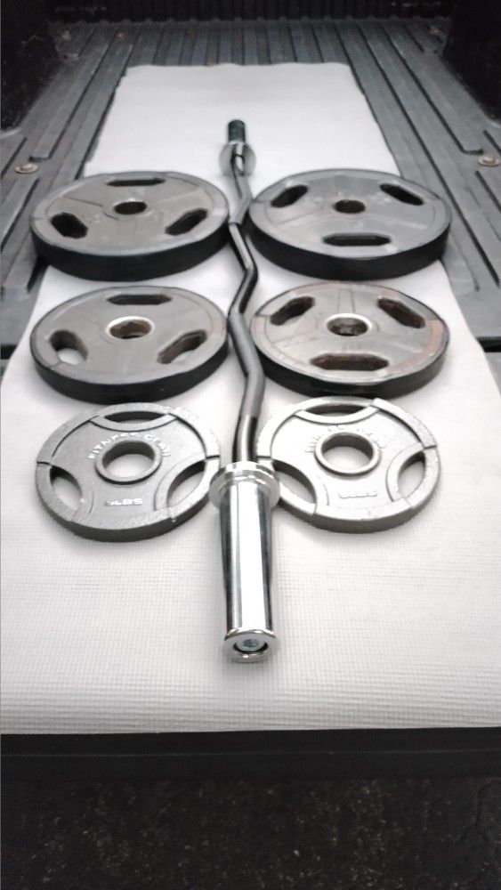 NEW OLYMPIC EASY CURL BAR & 80 LBS. OF OLYMPIC PLATES (PAIRS OF) : 25s 10s 5s