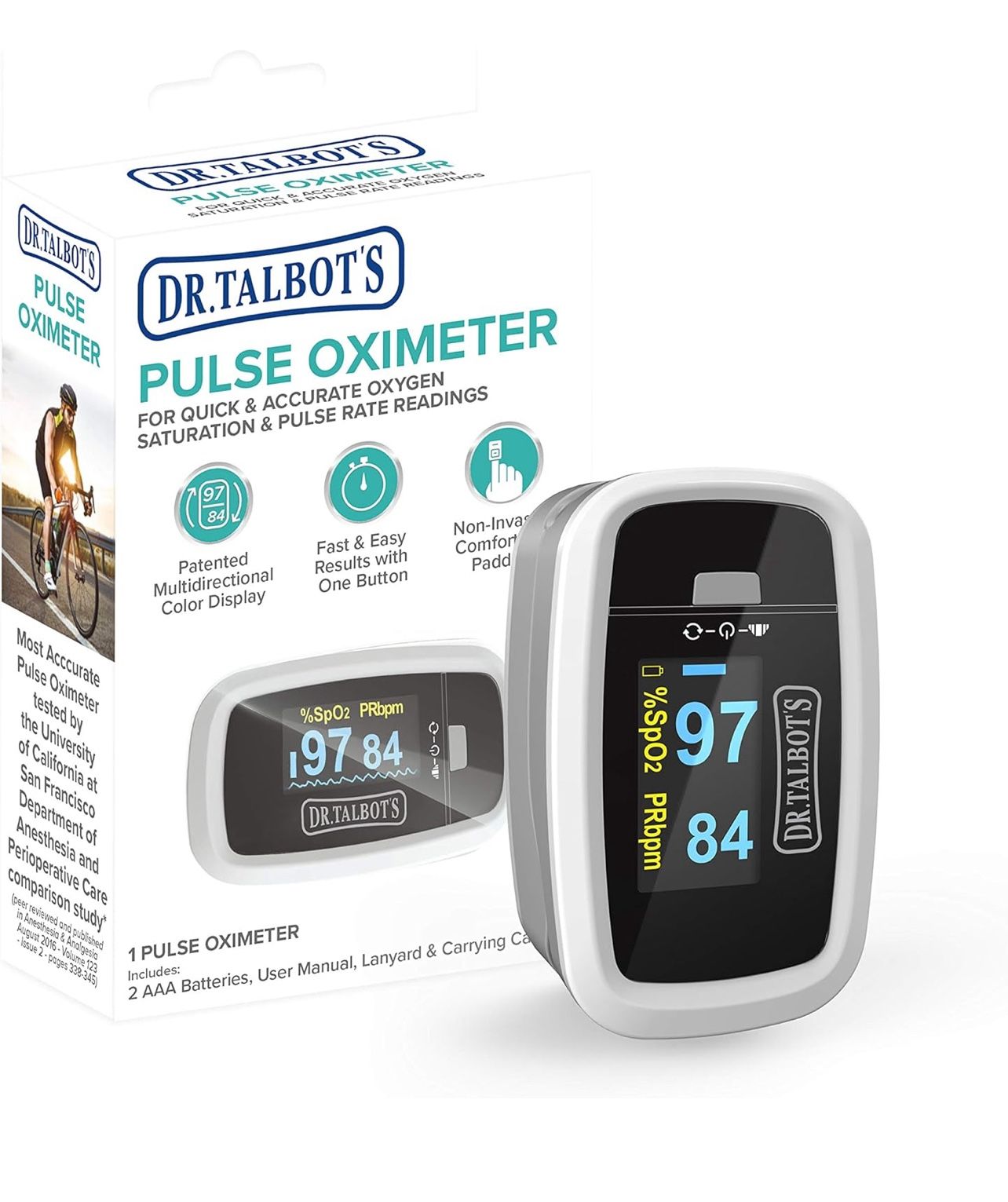 Dr. Talbot's Pulse Oximeter with Lanyard and Travel Pouch, White And Gray