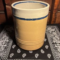 Vintage FarmHouse Medium Sized Antique Tan & Blue White Stripes Made In The USA Crock Jar 