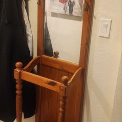 Nice Wood Vintage Style Entryway Mirror Coat Hanger And Umbrella Holder