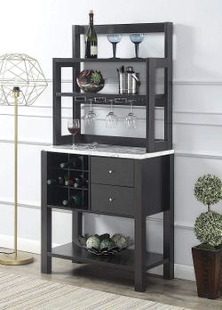 Serving Bar, Wine Rack with Drawers White Faux Marble