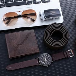 Deffun 6 Pcs Men Watch Set Glasses Belt Wallet Keychain Pen Kit Quartz Watch Set.