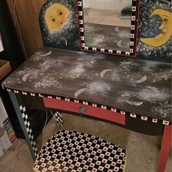 Hand Painted Wood Vanity And Stool 