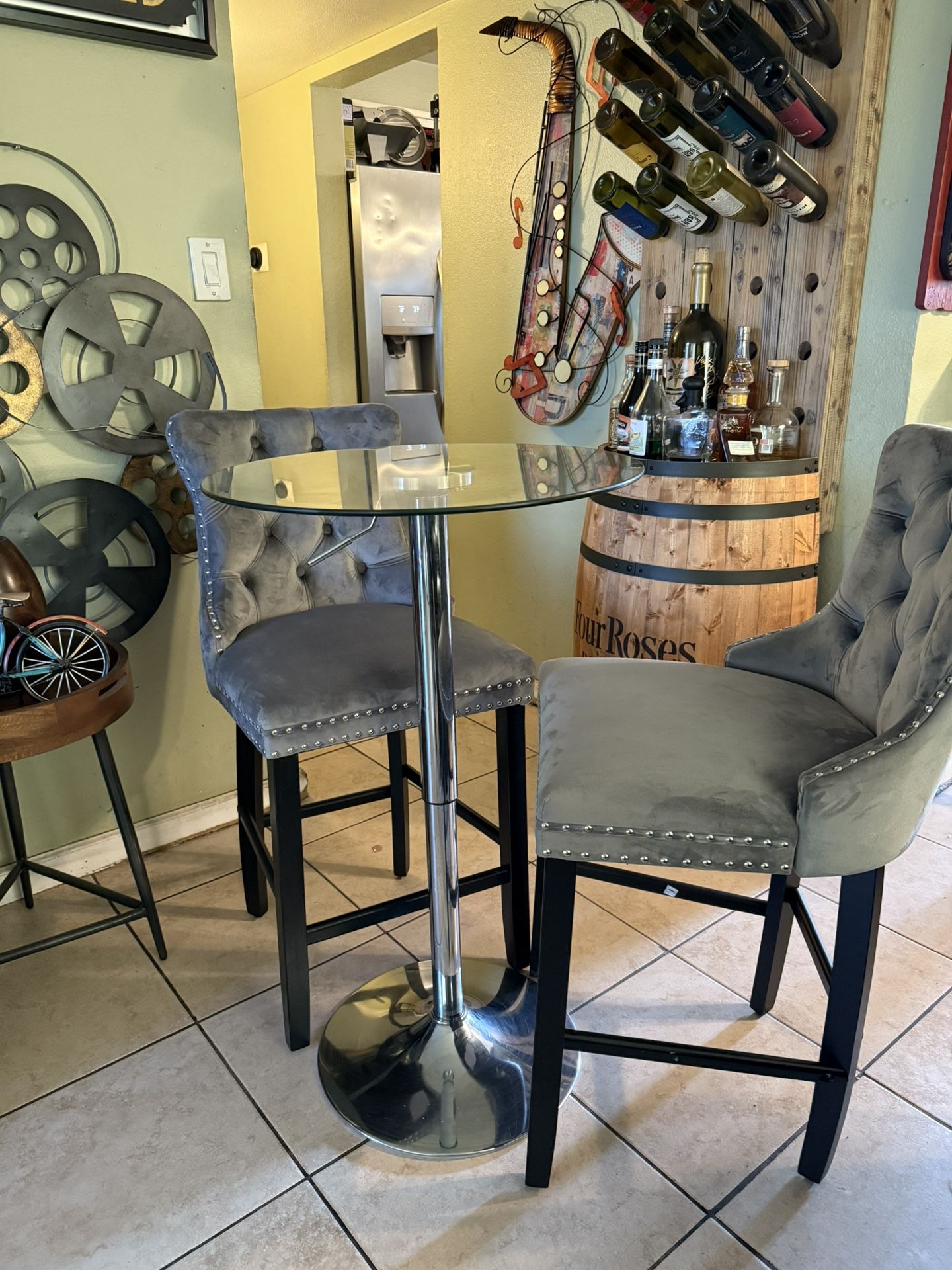 Bar Table with 2 Chairs Gray Velvet Fabric Upholstered Espresso Wood