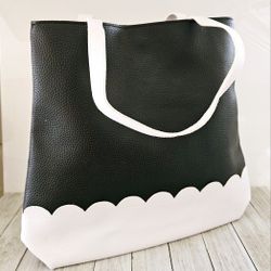 MSC Mainstream Collection Black Pleather Shoulder Tote Handbag with White Scalloped Edging and Straps. Black & White Geometric Patterned Lining. Purse
