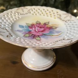 Vintage Porcelain Gilt Pedestal Dish Handpainted Pink Rose 6.5” Wide 3.75” Tall