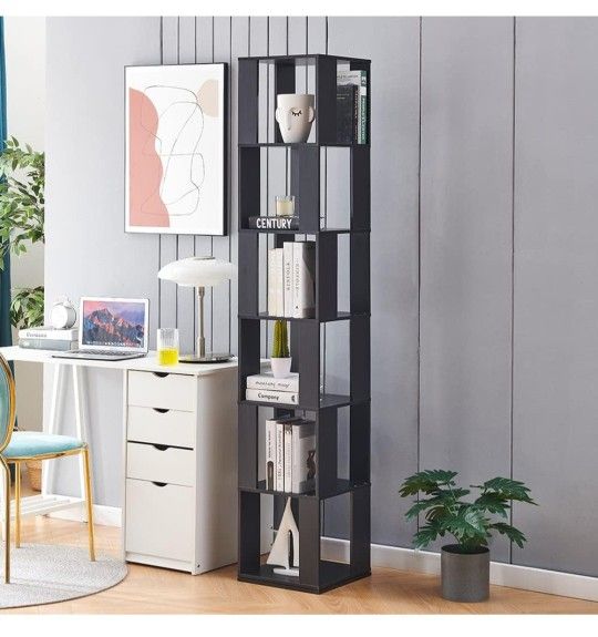 NICEME 190cm Rotating Bookcase, 6-Tiers Display Shelf, Freestanding Bookshelf for Living Room, Tall Corner Bookcase (Black)