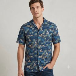 Vintage Campia Moda Hawaiian Shirt Mens M Palm Tree Tropical Print Rayon Blue