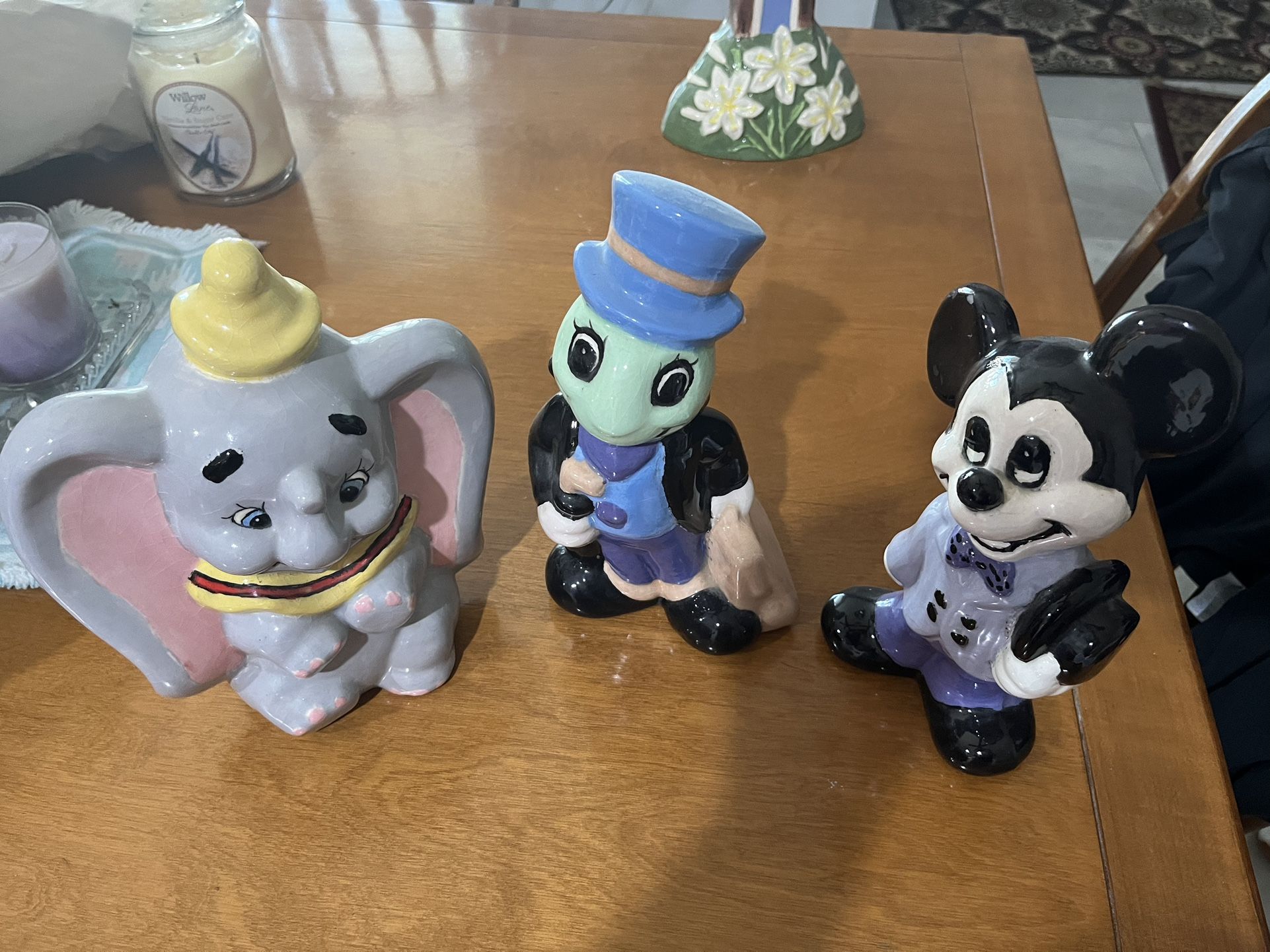 Disney Ceramic Statues/Figurines, Mickey Mouse, Dumbo, Jiminy Cricket.