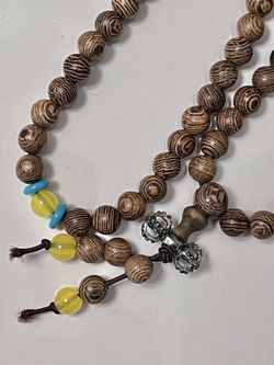 Wooden with Yellow and Blue Accents Buddhist Prayer Beads 25in+
