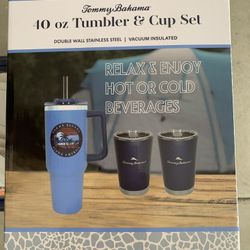 NEW Tommy Bahama 40 oz Tumbler & Cup Set in Blue, double wall stainless steel 