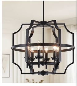 20'' Black Farmhouse Chandelier for Dining Room, 6 Light Modern Chandelier Matte Metal, E12 Base, Industrial Geometric Dining Room Light Fixture, Rust