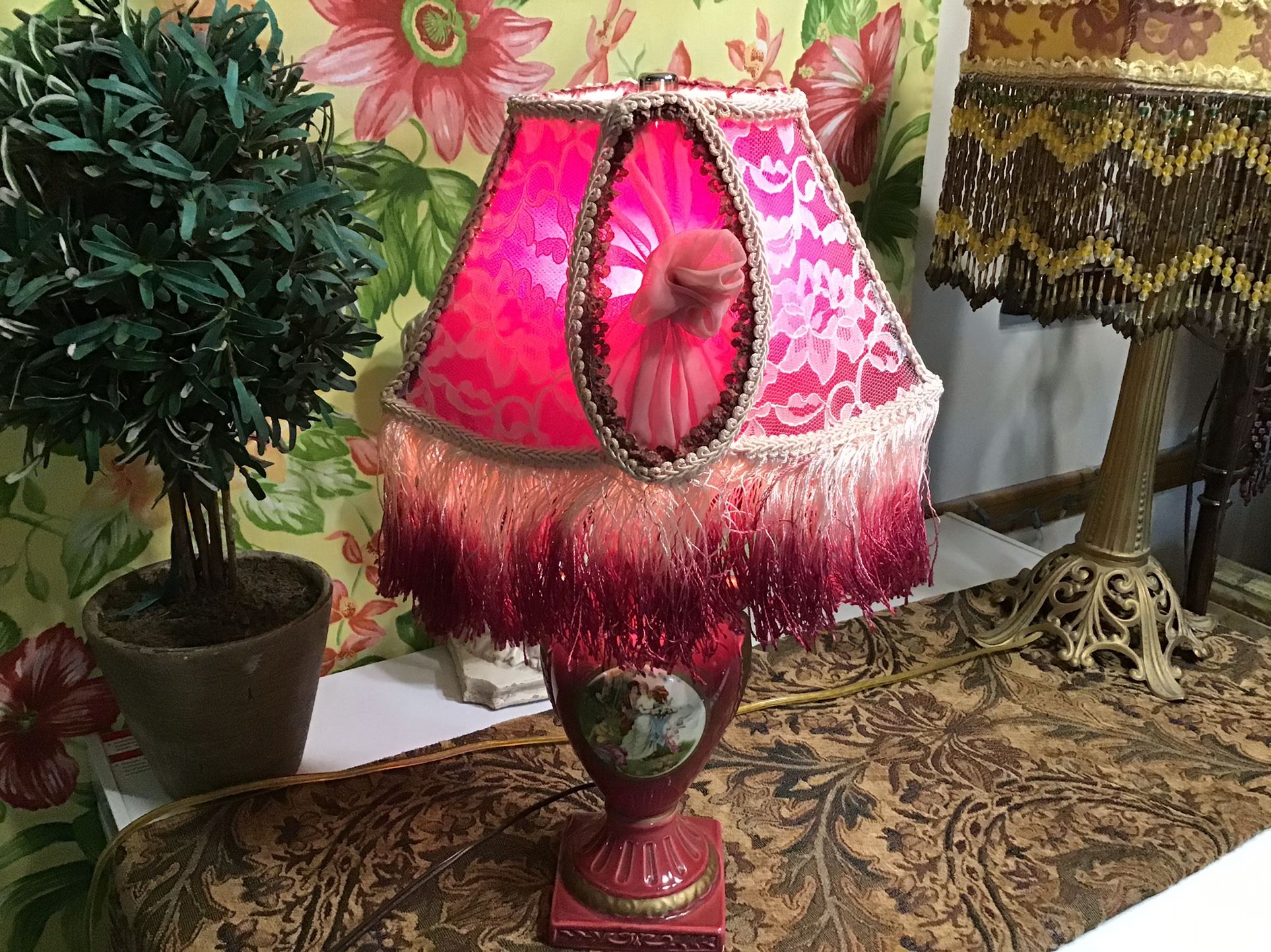 Antique Style Lamp Burgundy Shade Fringe.         Base Is Old Shade Hand Made