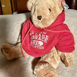 *Bear wearing red hoodie printed w/ "Property of "Mt. Lake Terrace," XXL Athletics". 16” Tan, sitting plush