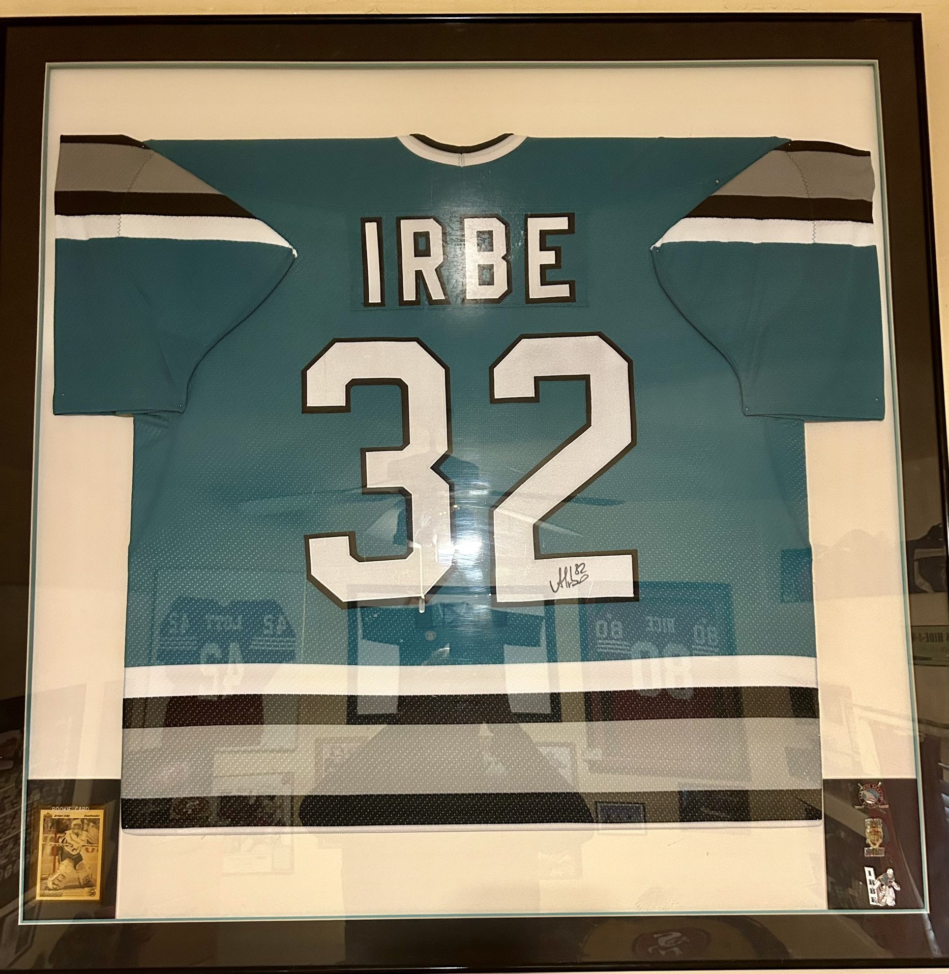 1991-92 ARTURS IRBE Signed San Jose Sharks Framed Jersey 