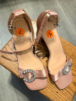 Blush Satin Heeled Sandals with Rhinestone Buckle