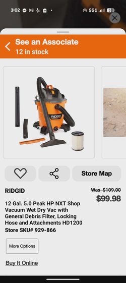 RIDGID 12 Gal. 5.0 Peak HP NXT Shop Vacuum Wet/Dry Vac HD1200 – Used