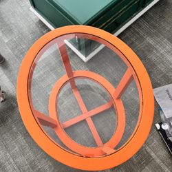 Orange Pianted Wood And Glass End Table