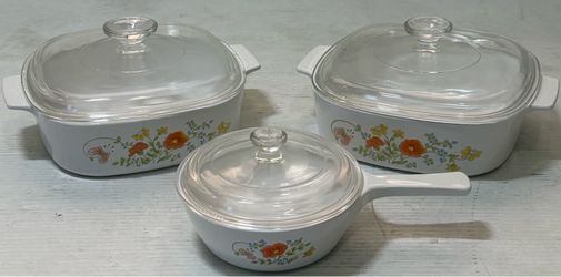 2 Vintage Corning Ware Wildflower A-2-B 2 Qt Casserole Dishes w/ Lids & a P-81-B 1 Pt Saucepan & Lid