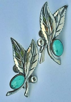 Vintage sterling silver and turquoise leaf earrings 1.25" x .5" SCREW BACKS