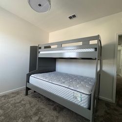 Twin Over Full Bunk Bed w/ Storage Stairs (Gray) + Mattresses