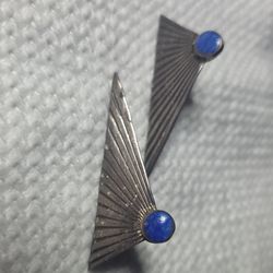 Vintage 1980s Art Deco Revival Sterling Silver Fan post Earrings ~ Lapis Lazuli
