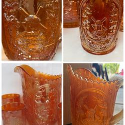 Antique Imperial Carnival Glass Marigold Windmill Pitcher and 6 Glasses