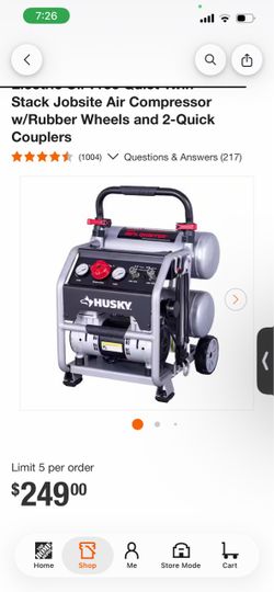 4.5 Gal. 175 PSI Portable Electric Oil-Free Quiet Twin Stack Jobsite Air Compressor w/Rubber Wheels and 2-Quick Couplers
