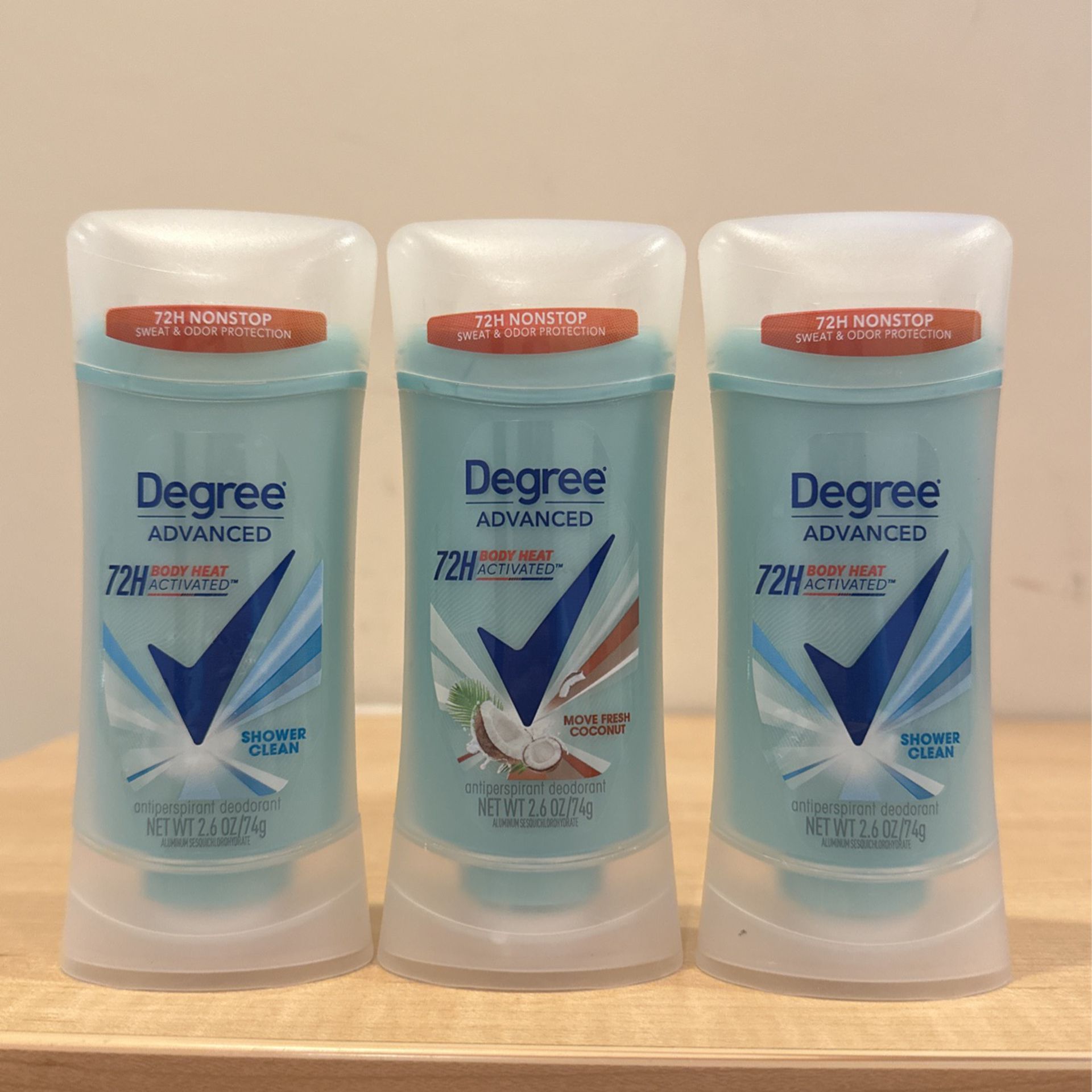Degree Advanced solid deodorant 2.6 oz: $3 each