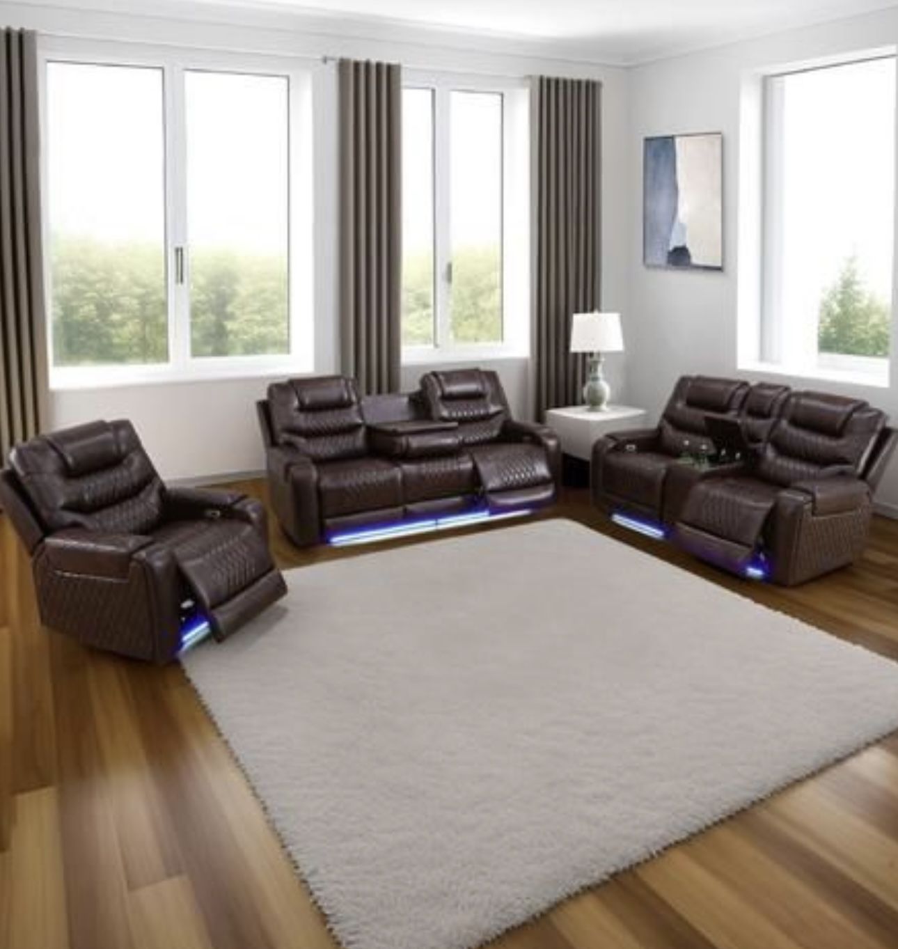 Power Electric Brown Leather Fully Reclining Couch Set