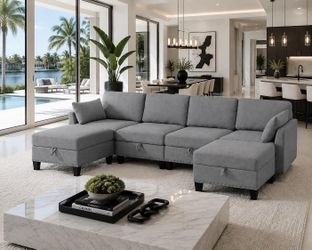 110" U Shaped Sectional Sofa with Storage, Convertible Modular with Ottomans, Linen , Light Gray L-11