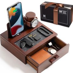 Holme & Hadfield Premium Wooden Phone Docking Station with Drawer – Nightstand Organizer for Charging Phone – Declutter Your Space with Felt-Lined Pro