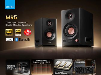 New Edifier MR5 2.0 Studio Monitor Bookshelf Speakers, 110W(RMS), Hi-Res Audio, Bluetooth 6.0, 3-Way Active Design, XLR/TRS/RCA Inputs, Black